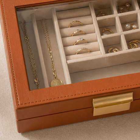 Joyero con visor y 2 pisos - 23x19x9cm Marron