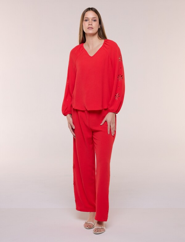 Blusa Con Calado Lateral Floral ROJO