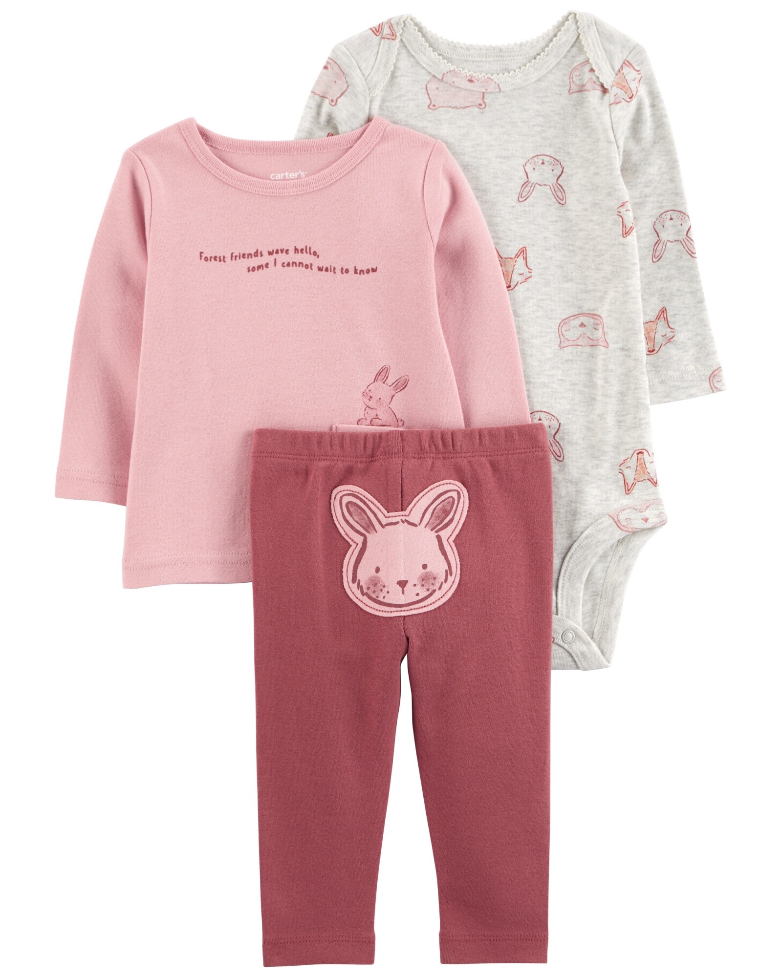 Set tres piezas de algodón, pantalón, remera y body, diseño conejos Sin color