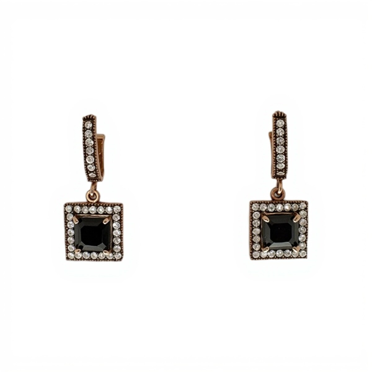 Caravanas Cuadrado Vintage-Plata rodinada 925 con micra de oro 18k-Piedra Ónix y Zirconia-CA2043 - conpiedra 