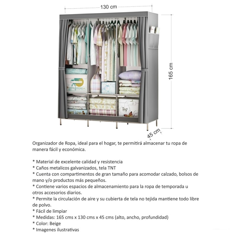 Ropero desmontable de tela 130 x 45 x 165 cm GRIS