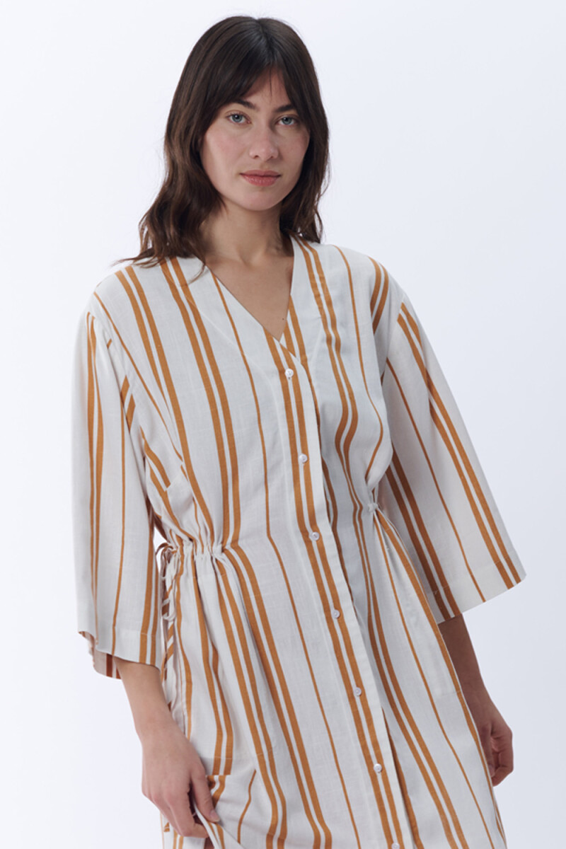Vestido camisero rayado Blanco Y Camel