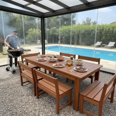 Juego Barbacoa Mesa de Eucaliptus + 6 Bancos con respaldo Juego Barbacoa Mesa de Eucaliptus + 6 Bancos con respaldo
