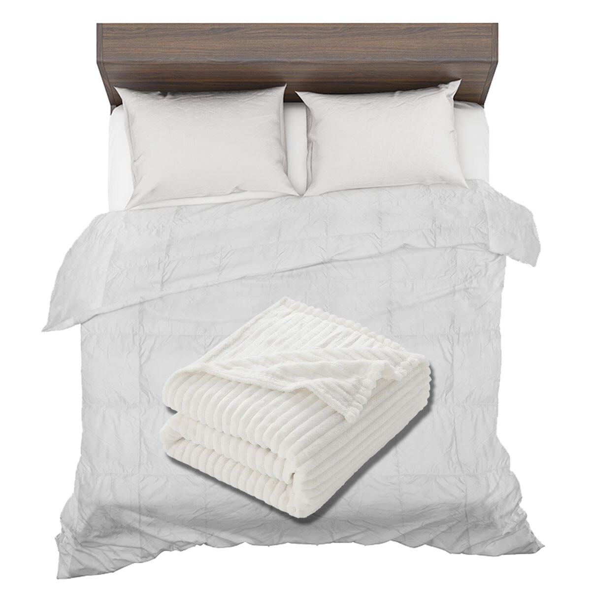 Set Invierno Acolchado Plumas 2 Plazas + Manta Frazada Polar - Blanco 