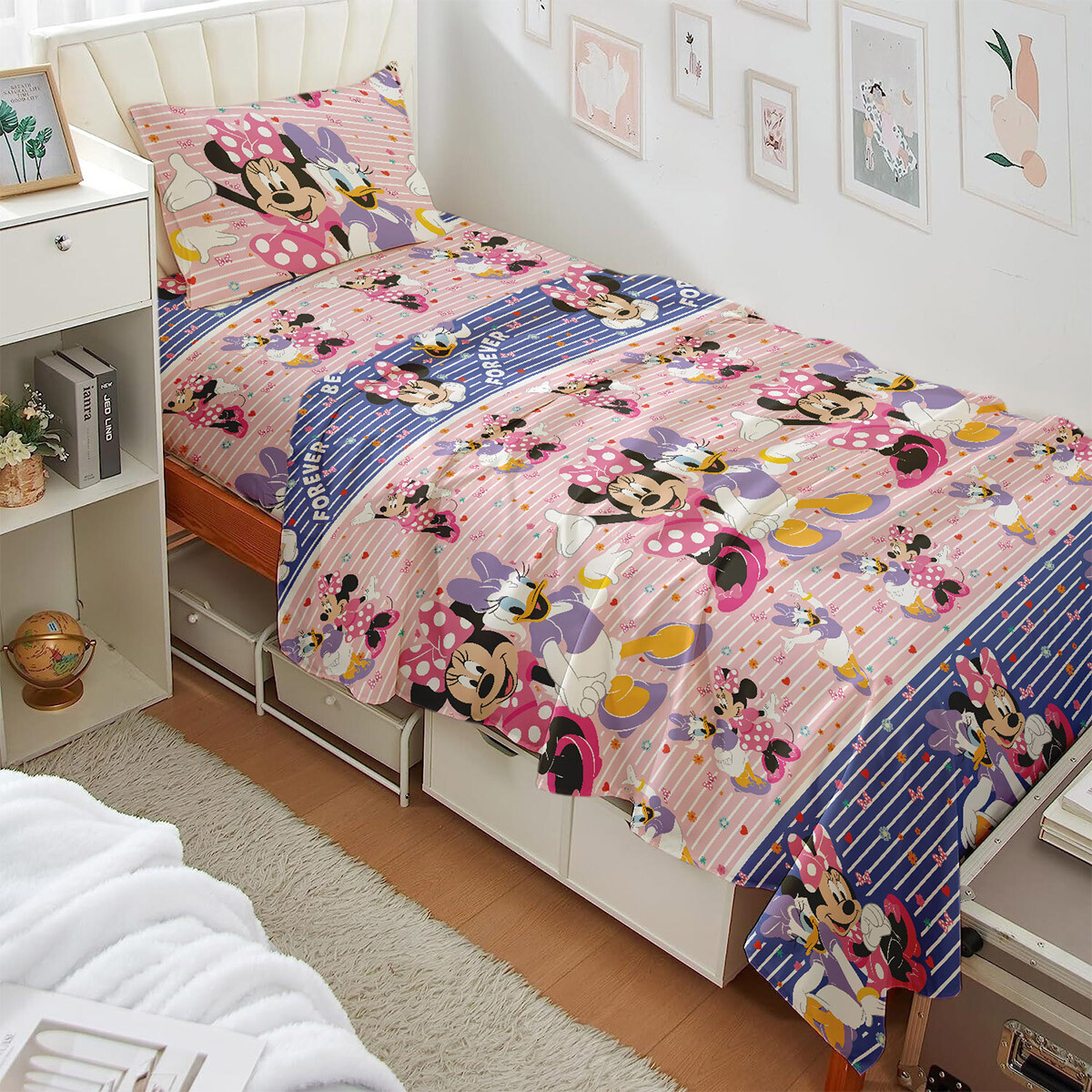 Juego Sábanas Infantil Minnie Niña 1 Plaza 100% Microfibra 