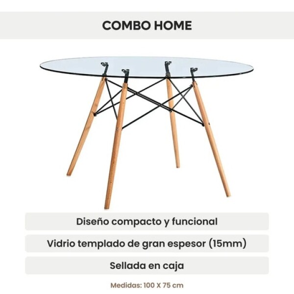 Mesa Comedor ComboHome Eames Redonda Vidrio 100 Cm Premium Transparente