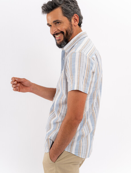 Camisa m/c efecto lino rayada azul/beige