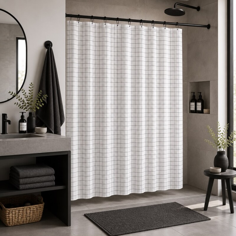 Cortina de Baño 180x180 Estampada Cuadros Blancos
