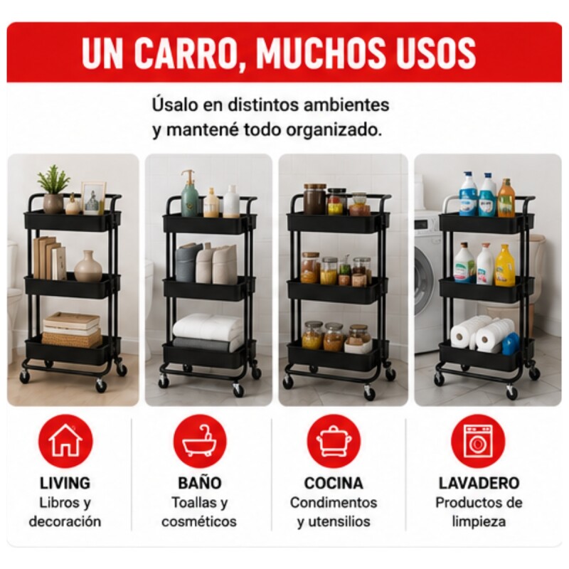 Carro organizador 3 estantes con ruedas NEGRO