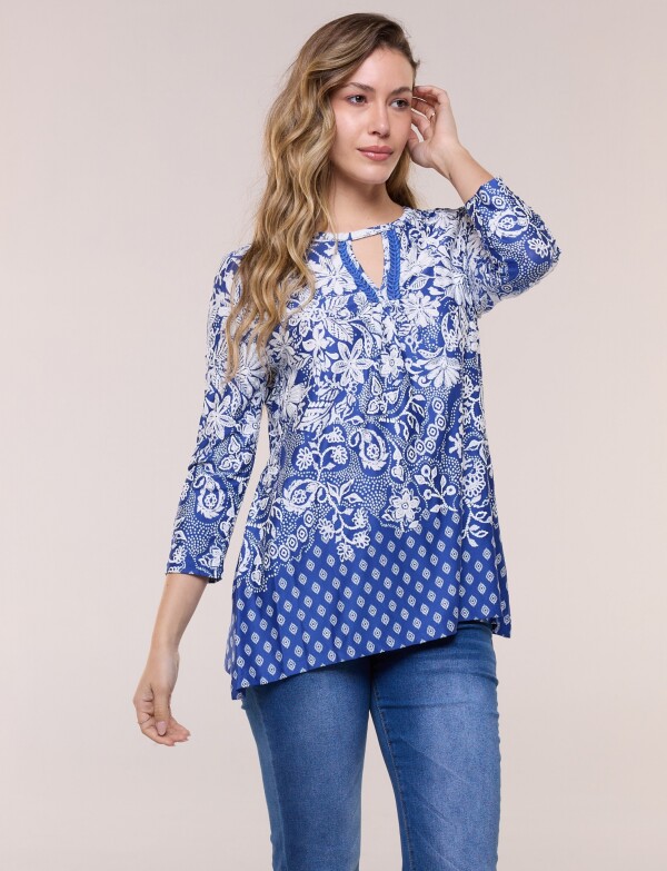 Blusa Keyhole Printed BLANCO/AZUL