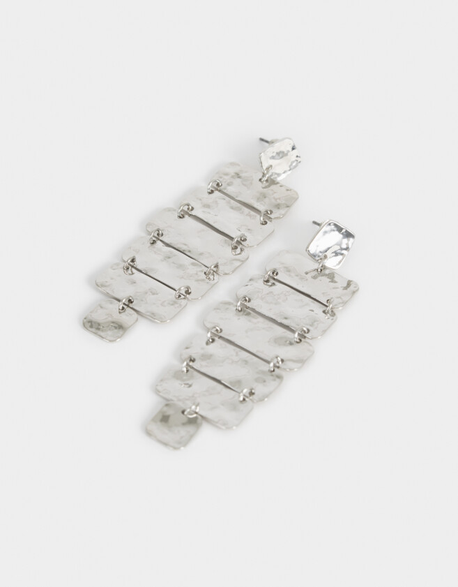 Aros Colgantes Largos Metal diferenciado Aro Largo Chapón Rectangular - Plateado Plata Cepillada