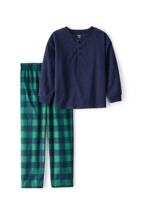 Pijama dos piezas de poliéster, remera henley azul y pantalón a cuadros Sin color