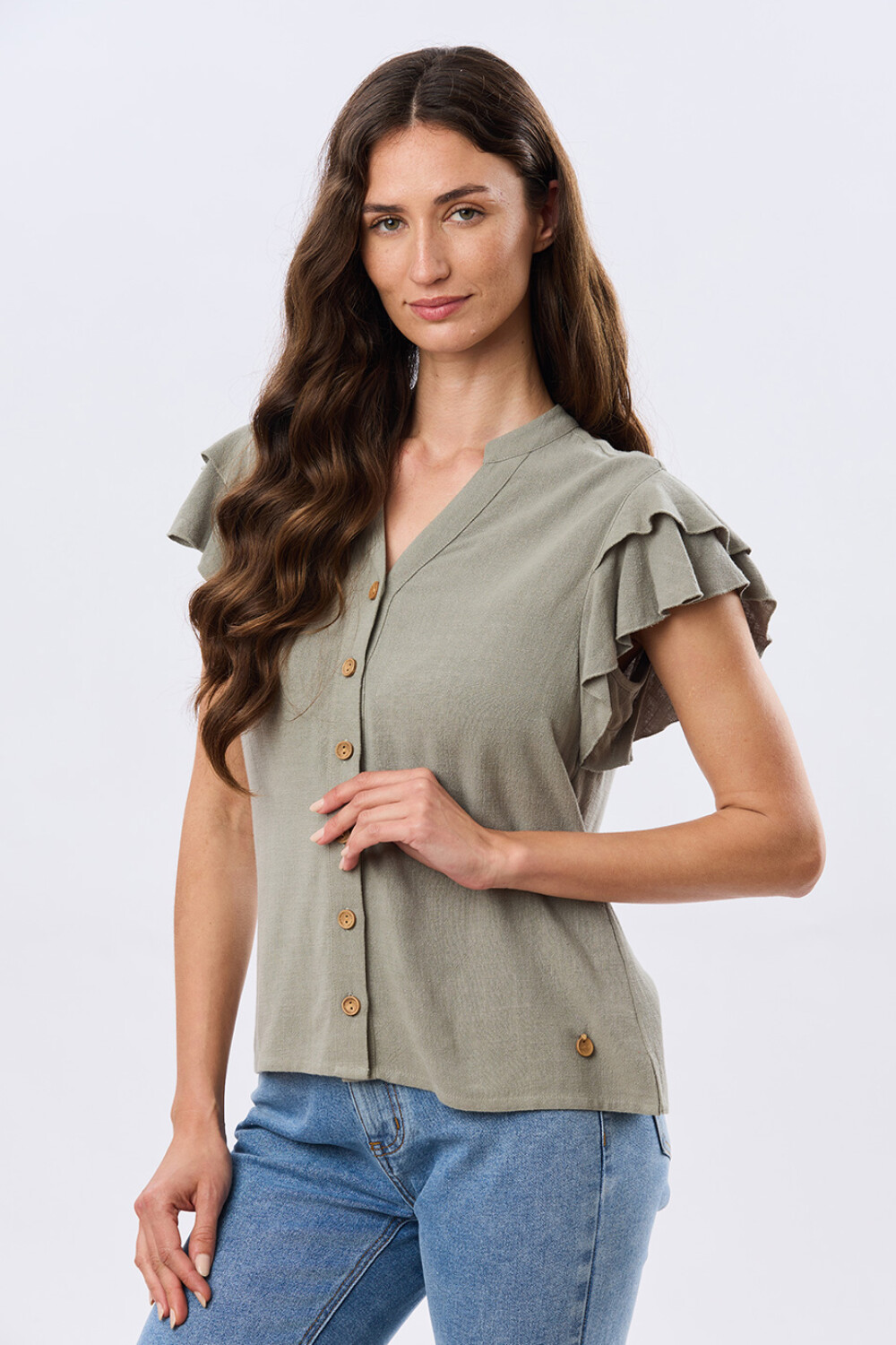 CAMISA DE LINO CON VOLADOS Verde