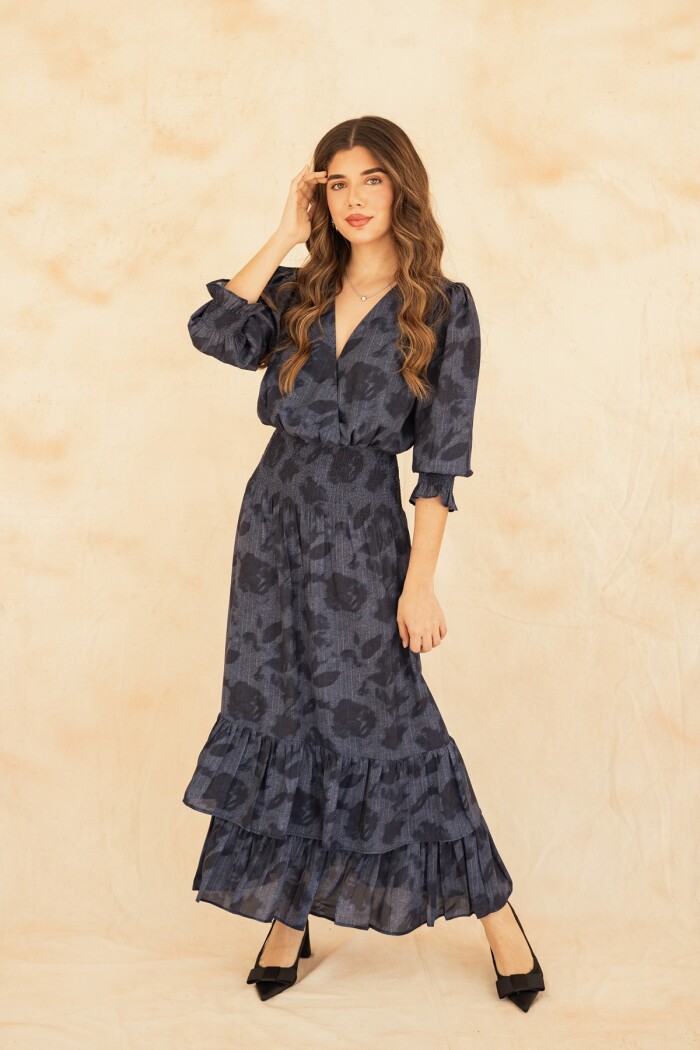 VESTIDO VALENTINA MAXI BLUR DENIM FLOWERS VESTIDO VALENTINA MAXI BLUR DENIM FLOWERS