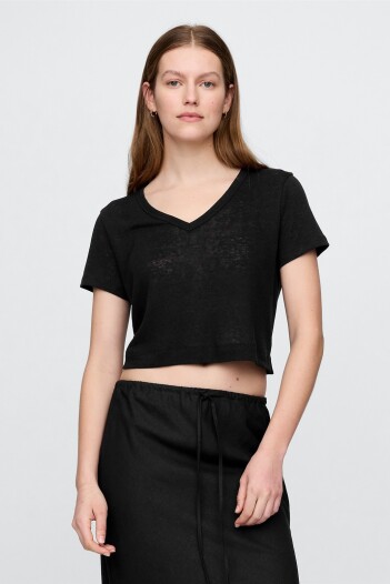Remera Lino Crop Manga Corta Mujer Black