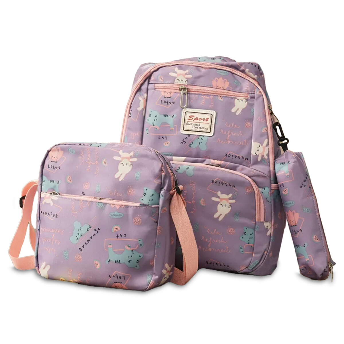 Set Mochila 3 Piezas Diseño Animalitos Escolar Resistente - Lila 