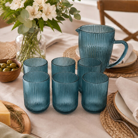 Jarra Line 1 Litro y 6 Vasos 300 ml Set Vidrio Azul