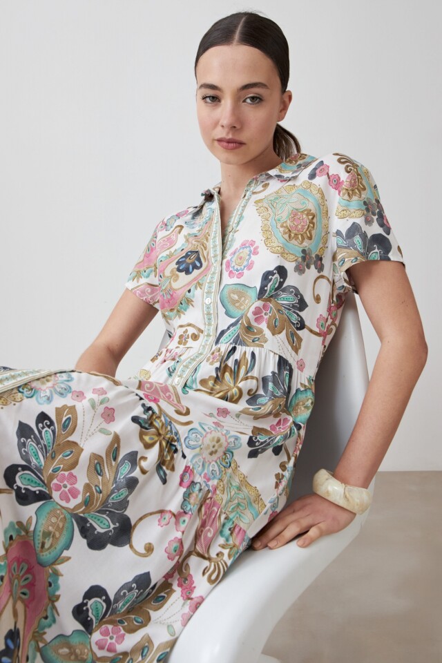 Vestido camisero estampado arabescos verde agua