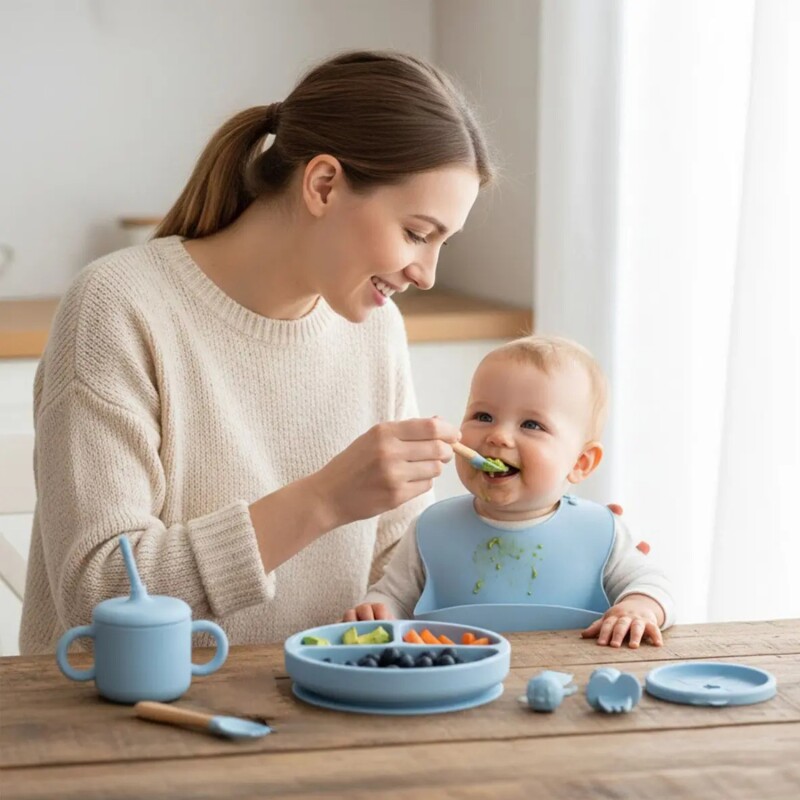 Set Alimentación Bebé en Silicona Libre Bpa 10 Piezas Celeste