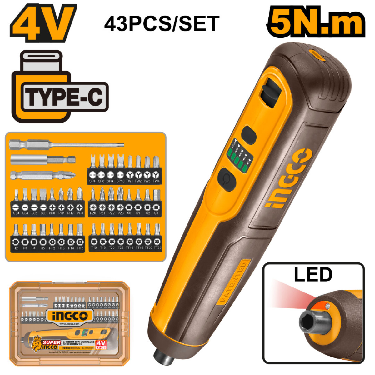 Set Atornillador A Batería Ingco 5 Nm 4V + Valija 