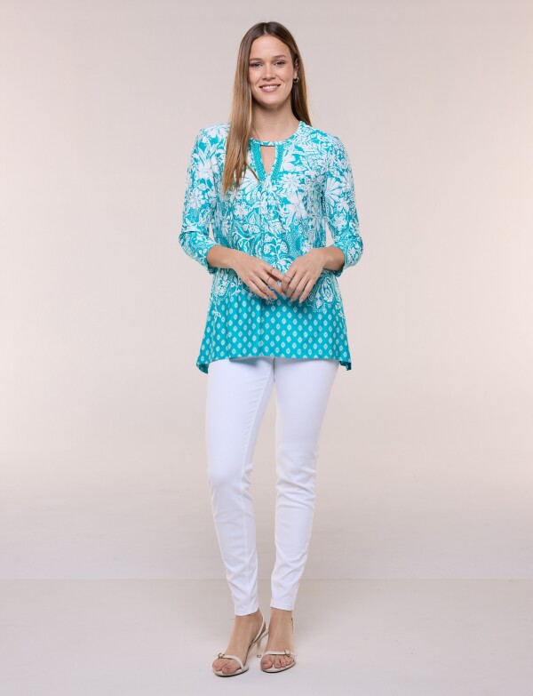 Blusa Keyhole Printed TURQUESA/MULTI