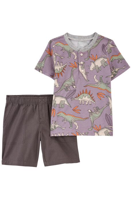 Set dos piezas de algodón, short y remera henley, diseño dinos. Talles 2-5T Sin color