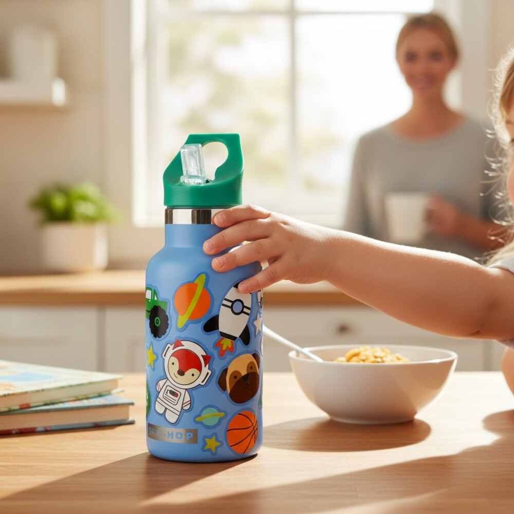 Botella acero inoxidable con sorbito y stickers skip hop celeste