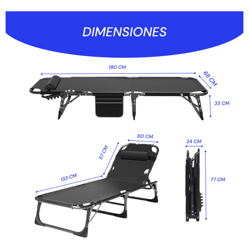 Silla Reclinable Camping Cama Acolchonada Plegable Jardin Negro