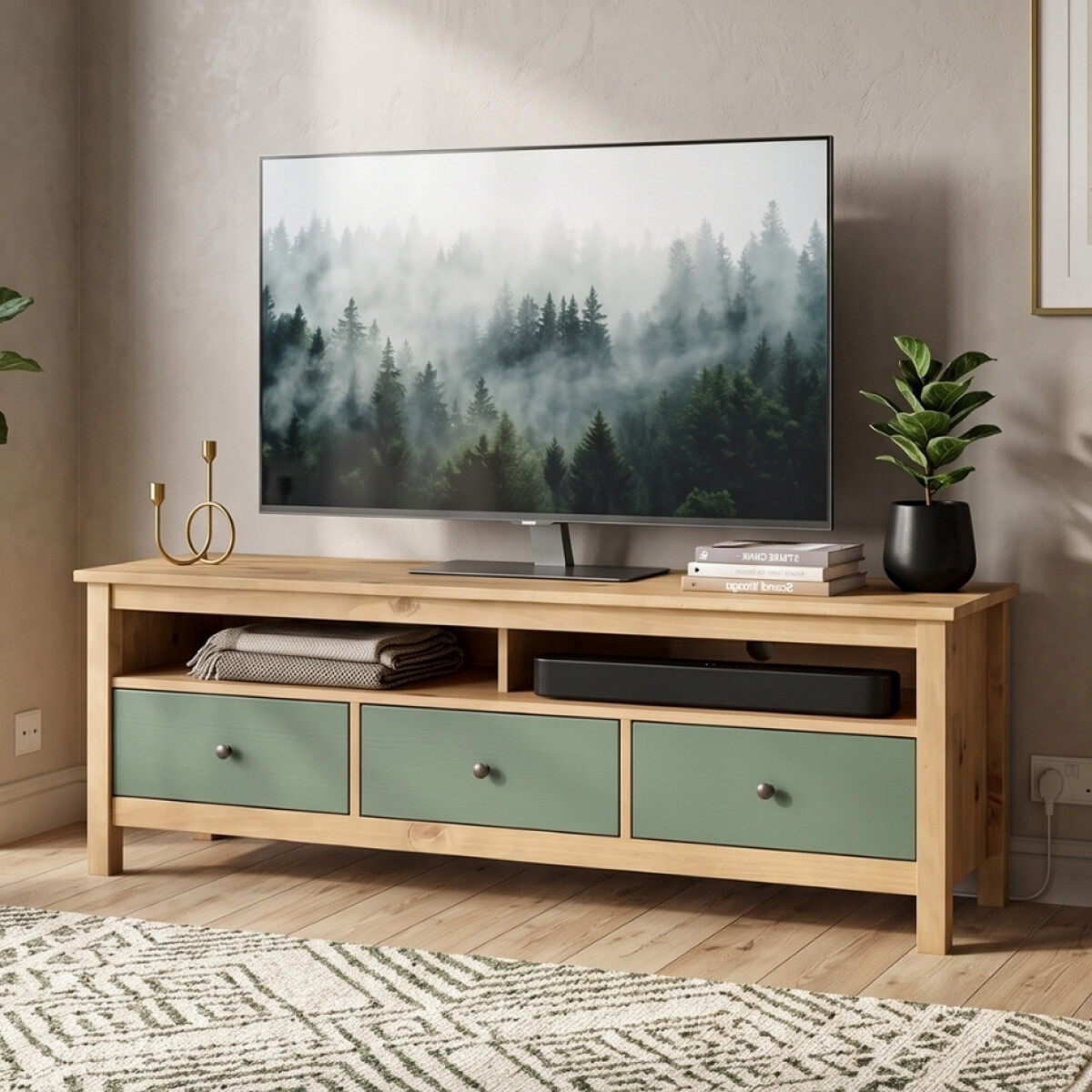 Rack TV 3 Cajones Madera Natural - Mari - Verde 