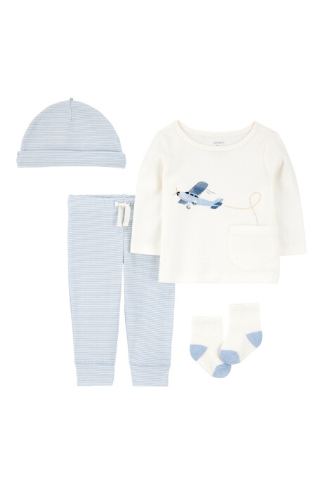 Set cuatro piezas de algodón, pantalón, remera, gorro y medias Sin color