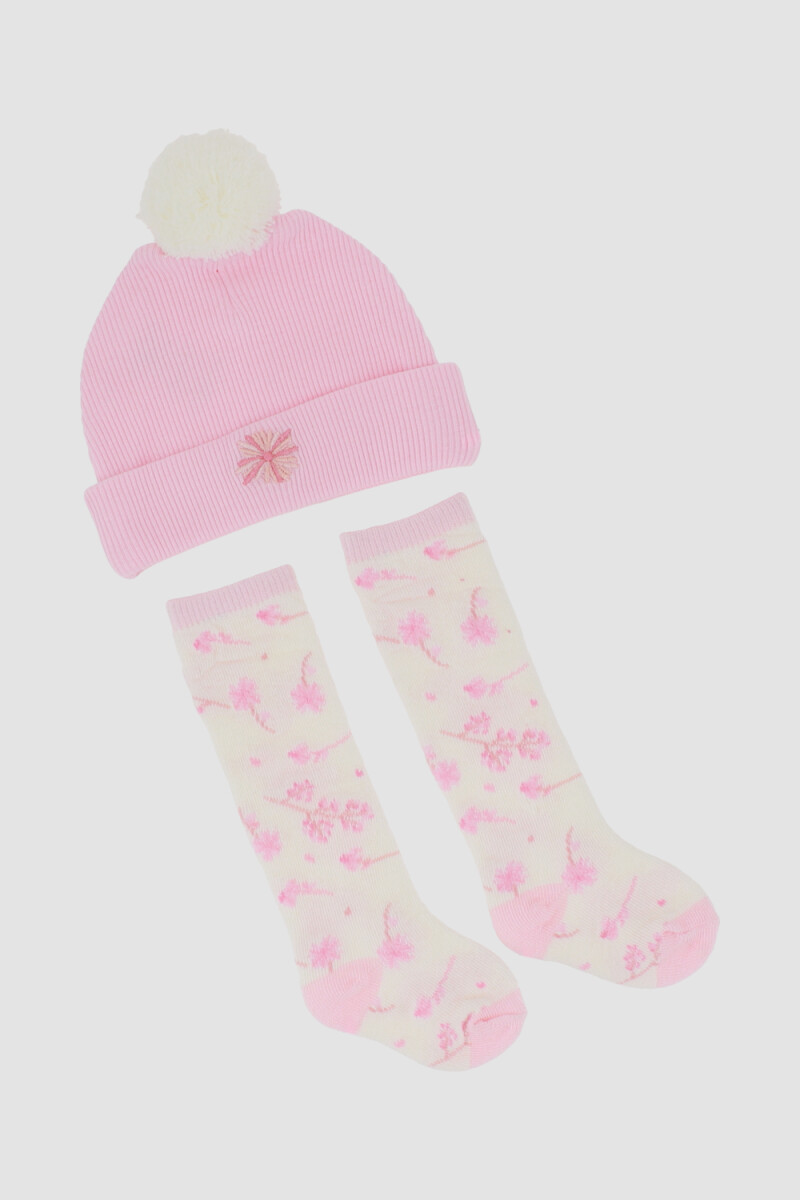 Pack gorrito y medias flor Rosado