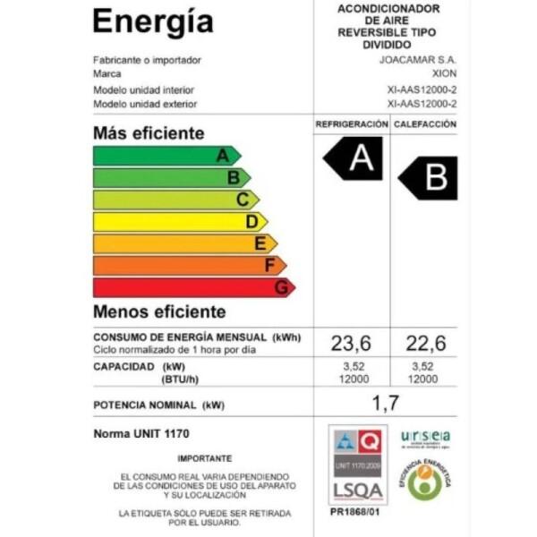 AIRE ACONDICIONADO 12000 BTU XI-AAS12000-2CU - XION AIRE ACONDICIONADO 12000 BTU XI-AAS12000-2CU - XION