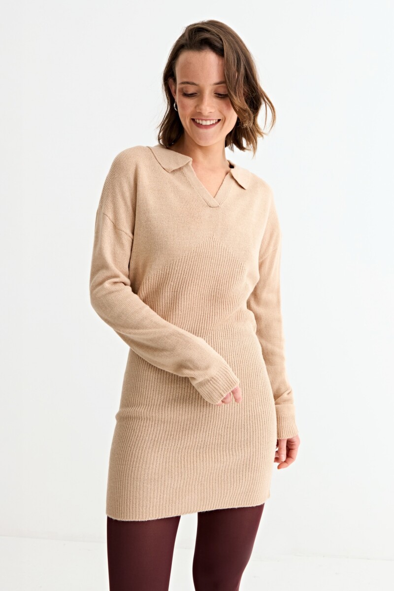 Vestido tejido cuello polo - Beige 