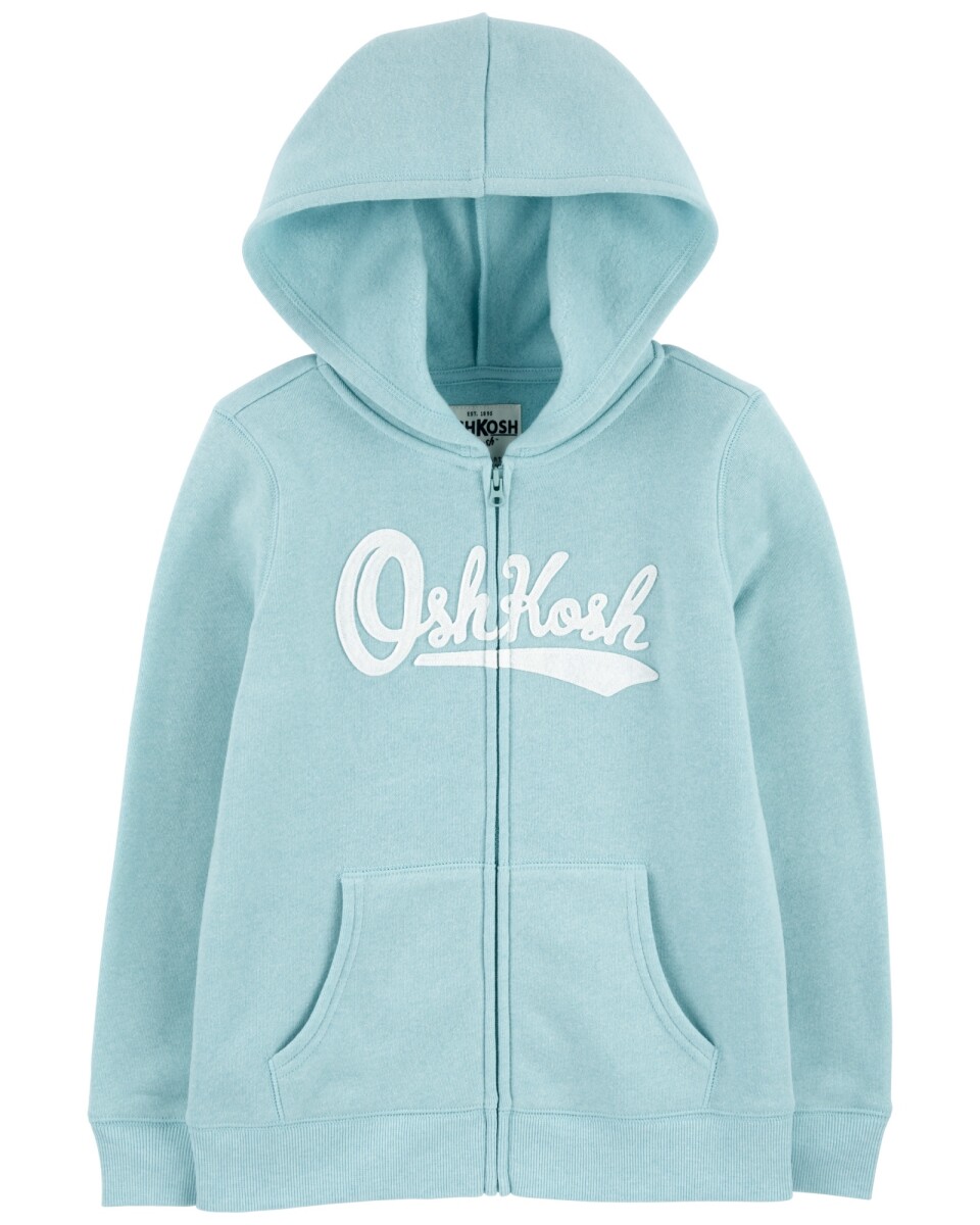 Campera de algodón, con capucha y logo, celeste. Talles 6-14 