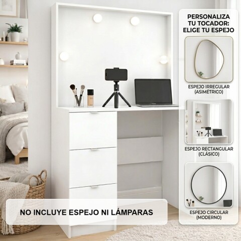 Tocador de Maquillaje Vanity Para Personalizar 3 Cajones y Porta Lámparas (Sin Espejo) - Blanco Tocador de Maquillaje Vanity Para Personalizar 3 Cajones y Porta Lámparas (Sin Espejo) - Blanco