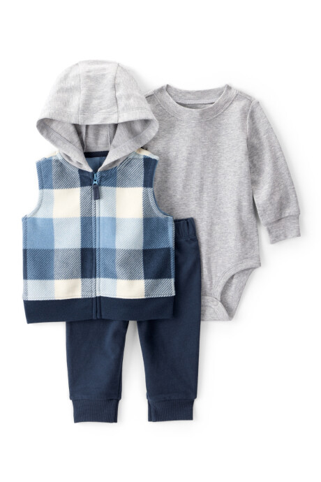 Set tres piezas, chaleco de franela, pantalón y body de algodón Sin color