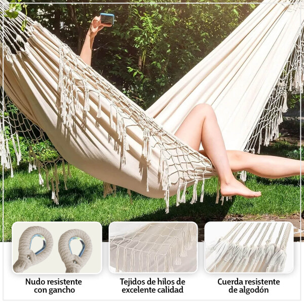 Hamaca Paraguaya de Jardín Reforzada Con Flecos Bolso y Soga Color Beige Hamaca Paraguaya de Jardín Reforzada Con Flecos Bolso y Soga Color Beige