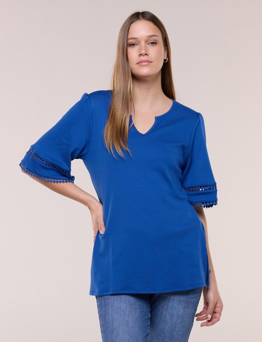 Remera De Algodón Con Detalles De Puntilla - Azul 