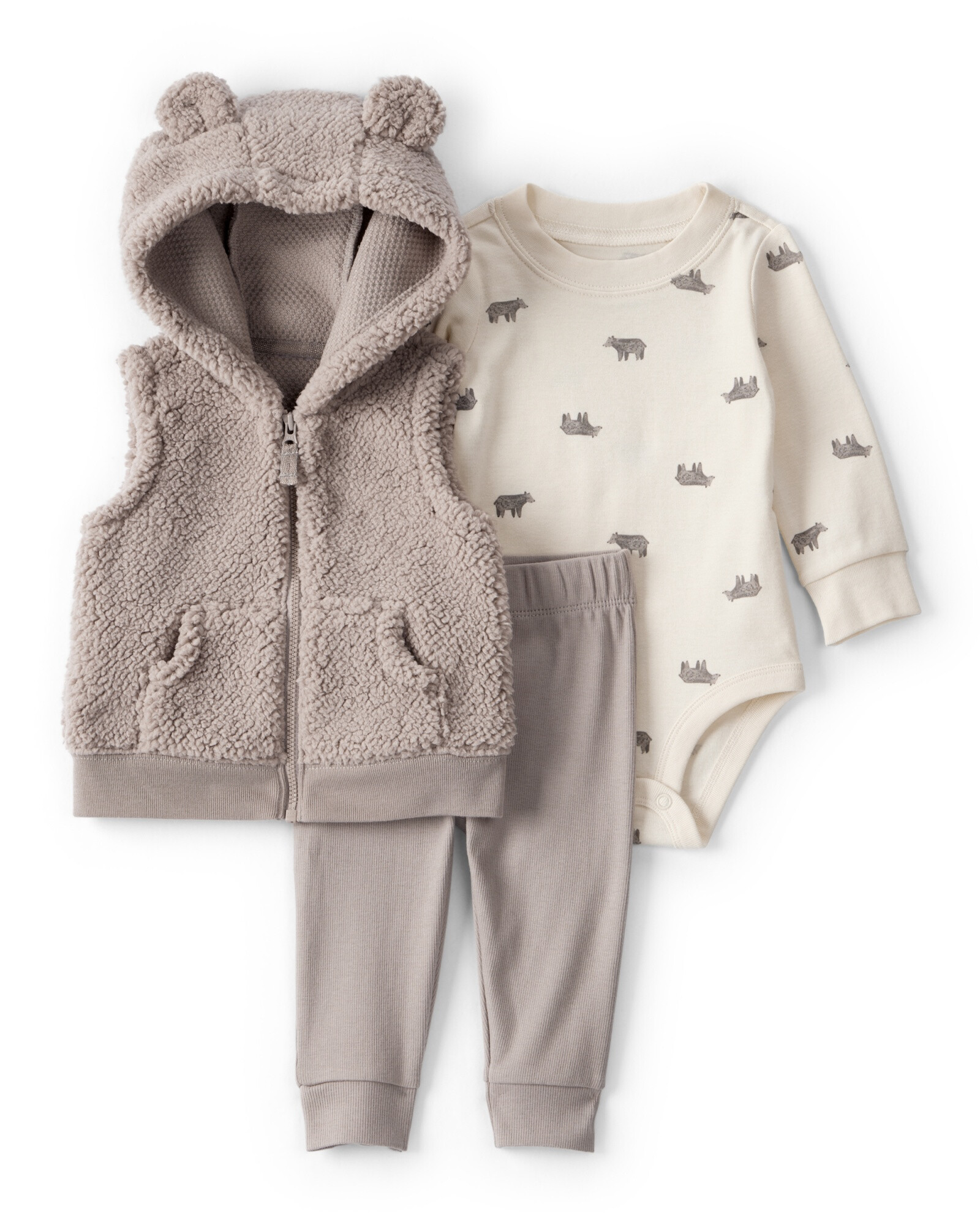 Set tres piezas, chaleco de sherpa, pantalón y body, diseño oso Set tres piezas, chaleco de sherpa, pantalón y body, diseño oso