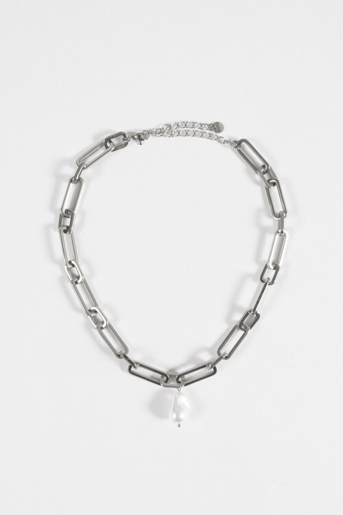 Collar gargantilla acero dije perla plateado