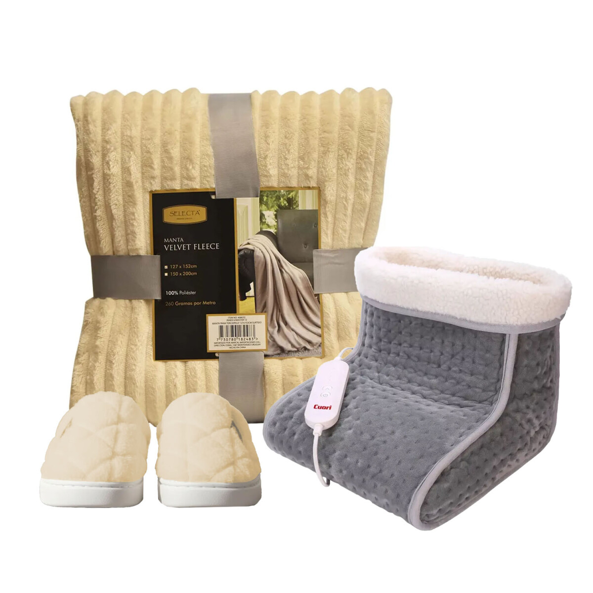 Set Pantuflas Unisex+Manta 127x152cm+Calienta Pies Eléc - Natural 