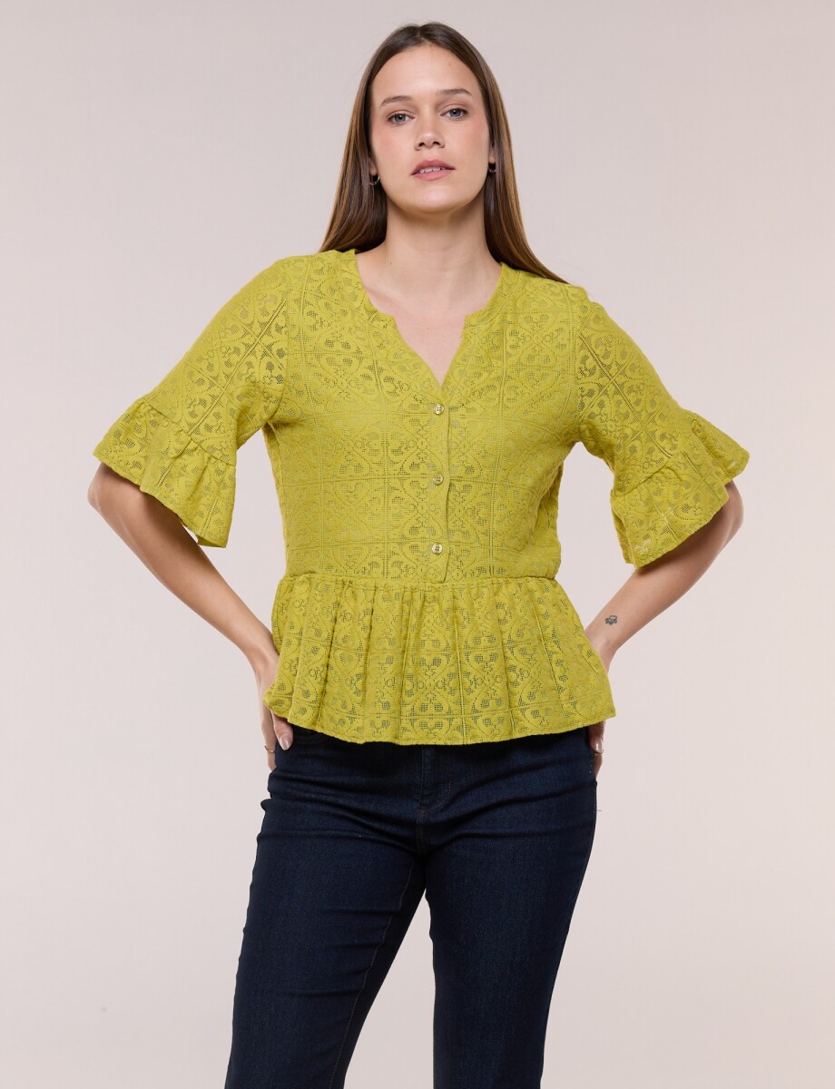 Blusa Peplum De Encaje Calado - Verde 