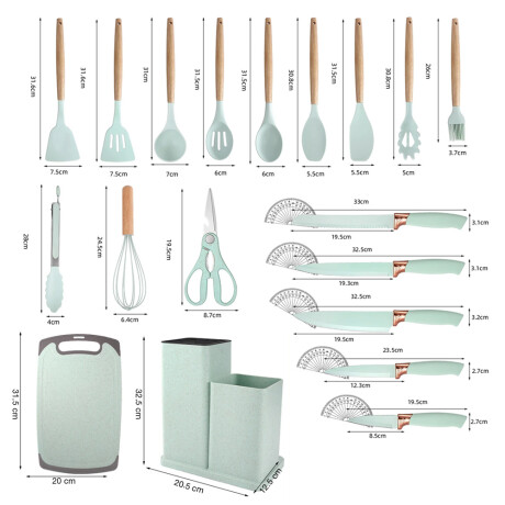 Set Cocina Menage 19Pz Utensillos Cuchillos Tabla c/Soporte Verde Claro
