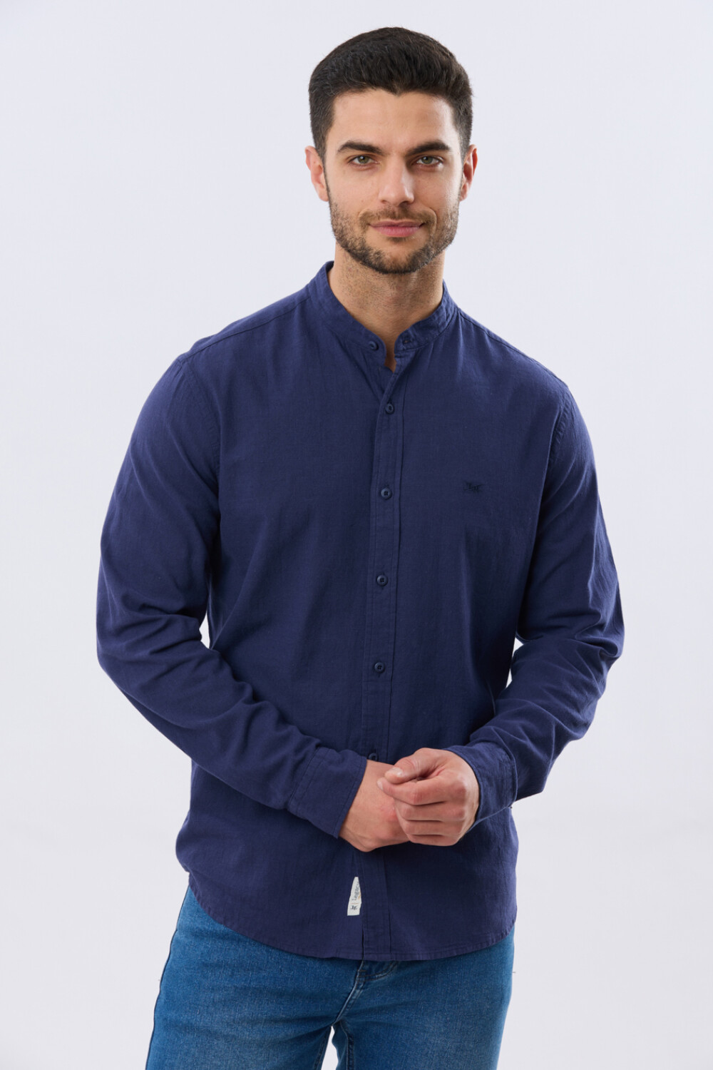 CAMISA LISA DE LINO CUELLO MAO Azul