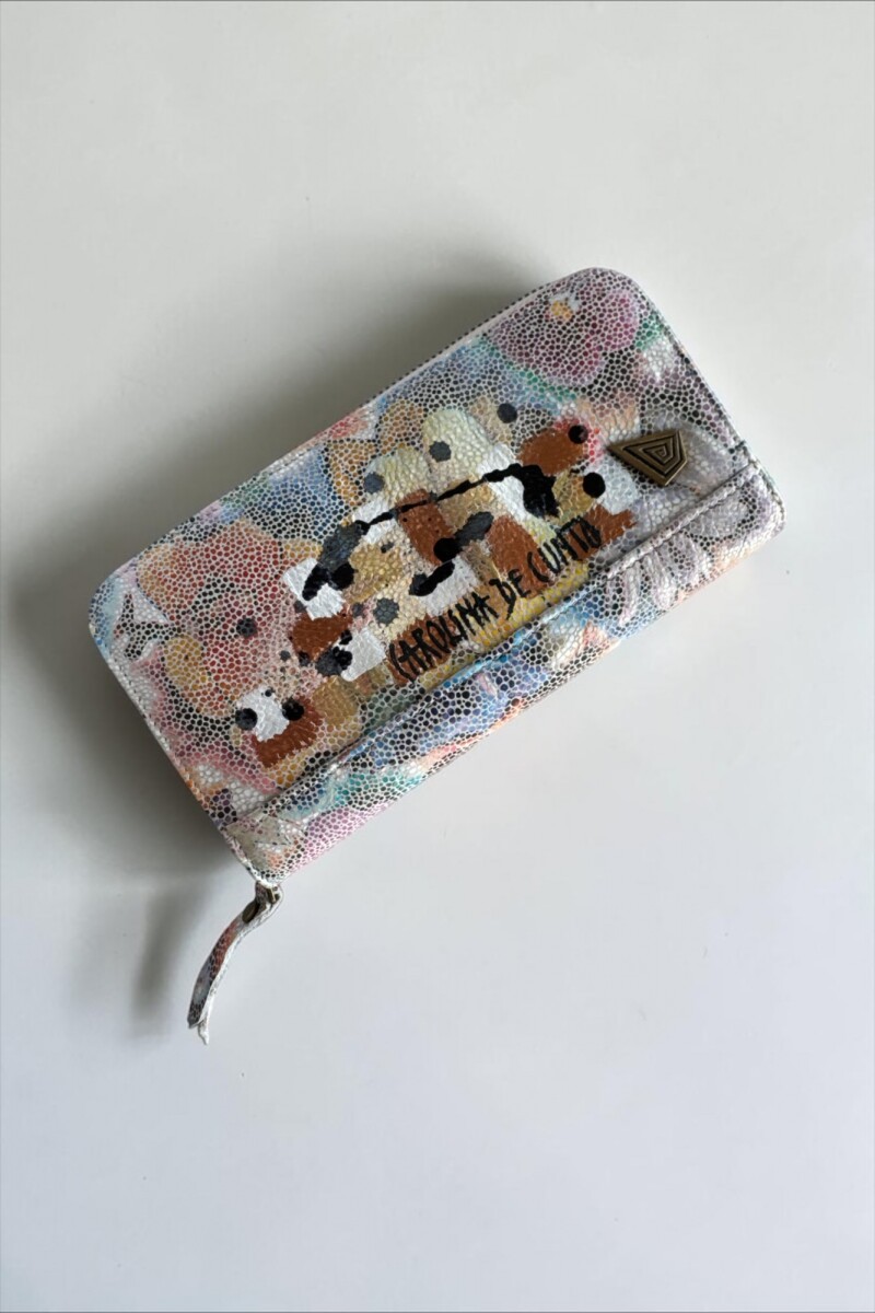 Billetera De Cuero Con Cierre Flores Y Arte 