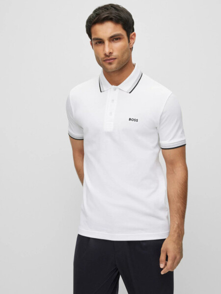 BOSS Polo de Algodón Piqué con Logo Contrastante Blanco