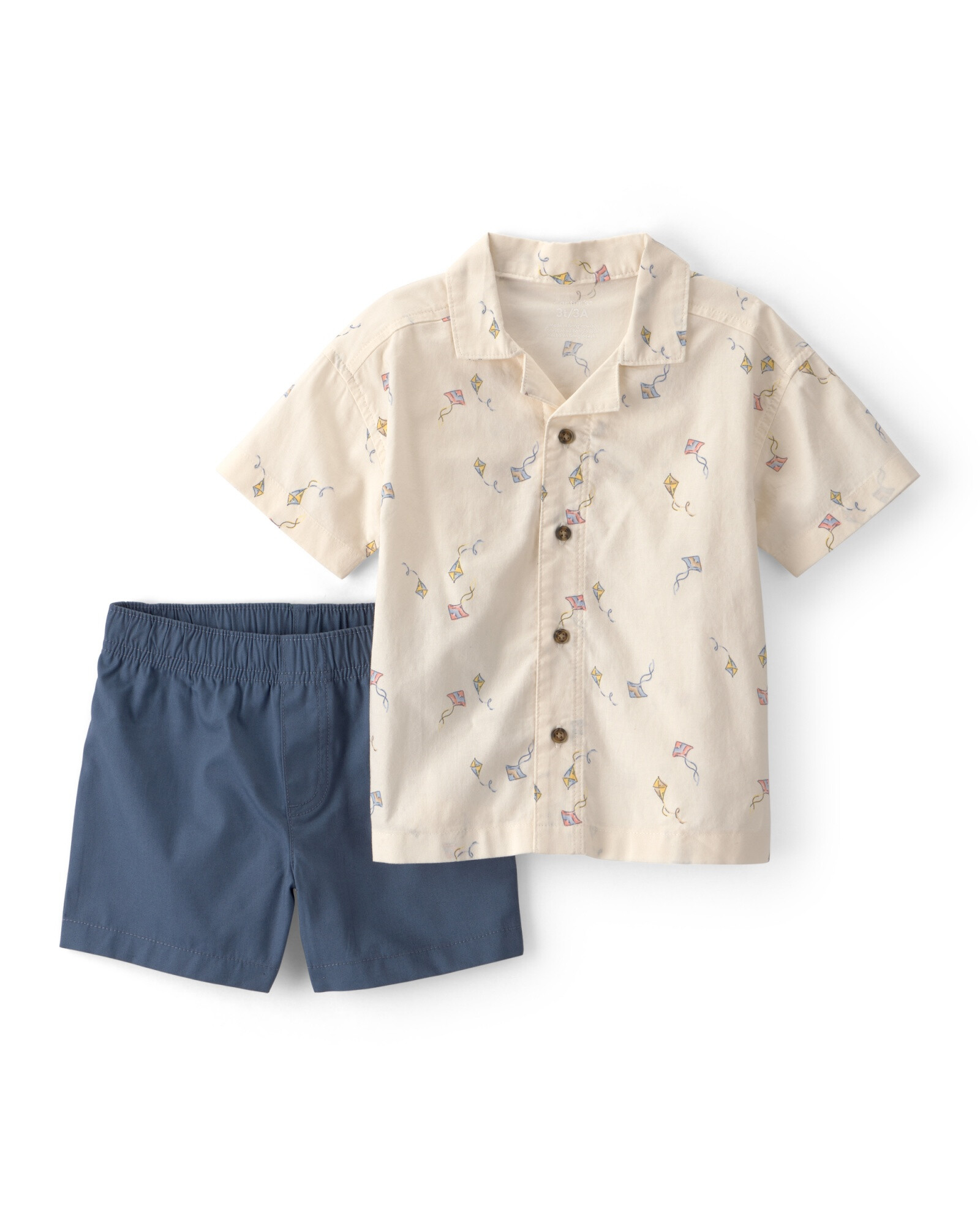 Set dos piezas de algodón, short y camisa, azul y beige, diseño cometas Sin color