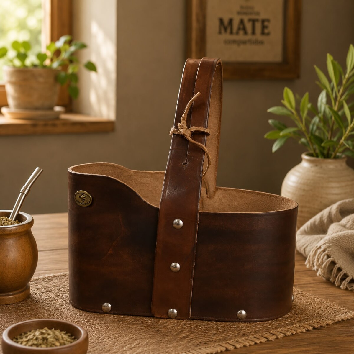 Matera de Suela y Madera con Asa - Marron Oscuro 