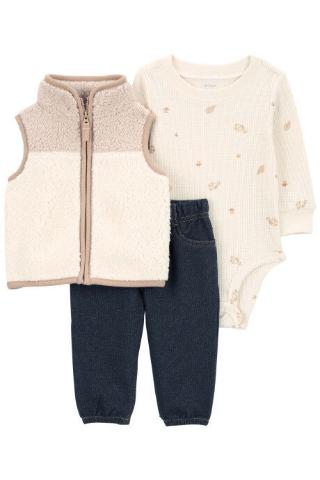 Set tres piezas, chaleco de sherpa, body térmico y pantalón de algodón Sin color