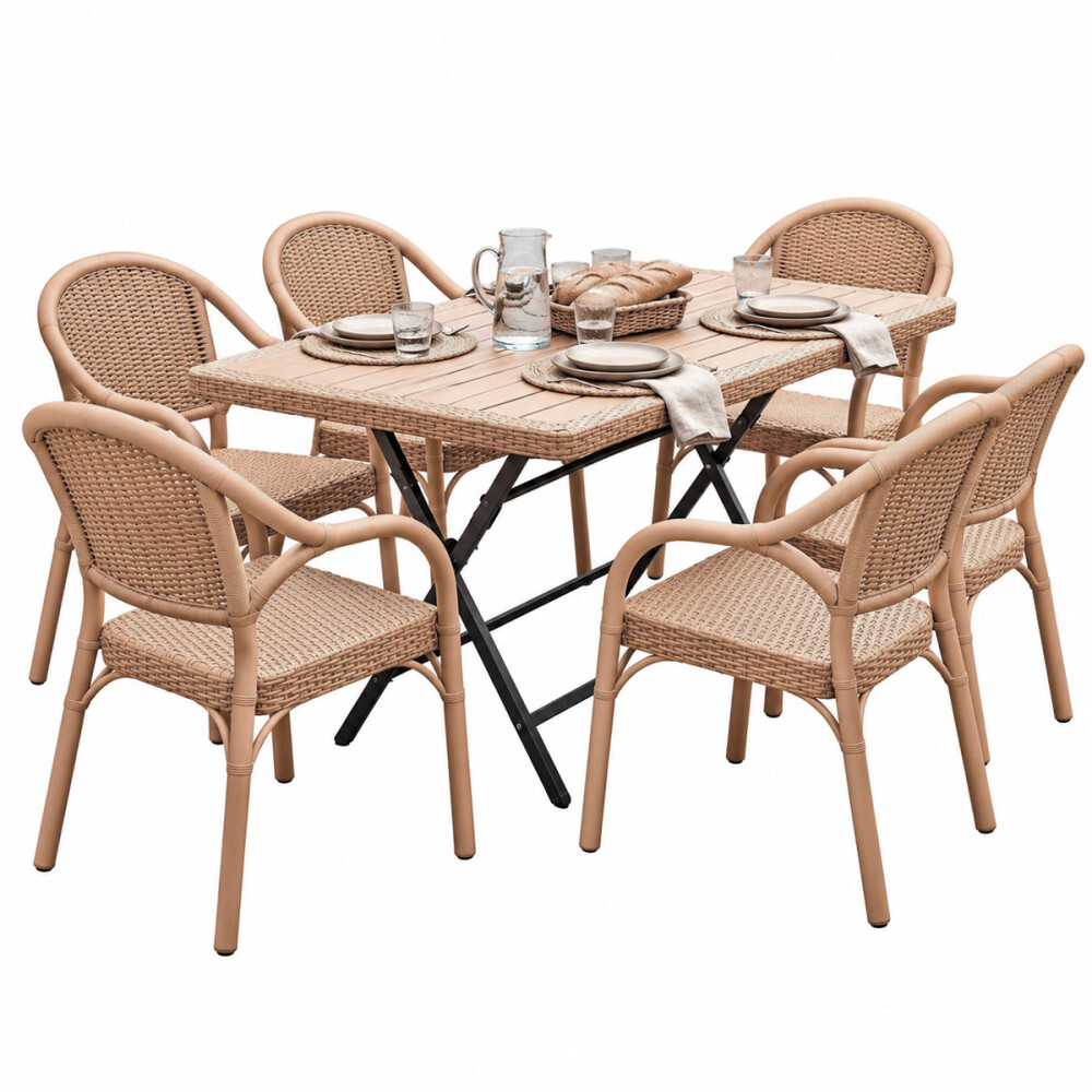 Mesa Comedor Plegable Exterior 1.20m + 6 Sillas Jardin Beige